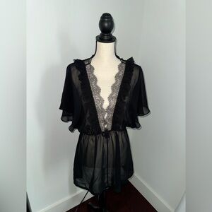 Victoria’s Secret Black Lace Trim Sexy Lingerie Cover Up Dress Robe medium NWOT